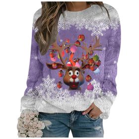 Generisch Noel Baskılı Yuvarlak Yaka Uzun Kol Şık 1-Lila Kadın Sweatshirt