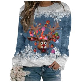 Generisch Noel Baskılı Yuvarlak Yaka Uzun Kol Şık 1-Mavi Kadın Sweatshirt