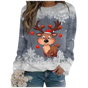 Generisch Noel Baskılı Yuvarlak Yaka Uzun Kol Şık 2-Gri Kadın Sweatshirt