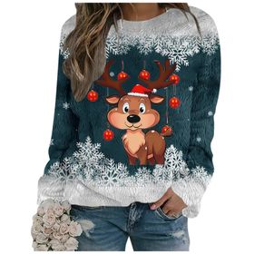 Generisch Noel Baskılı Yuvarlak Yaka Uzun Kol Şık 2-Koyu Yeşil Kadın Sweatshirt