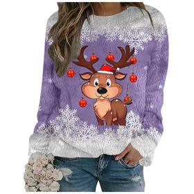 Generisch Noel Baskılı Yuvarlak Yaka Uzun Kol Şık 2-Lila Kadın Sweatshirt