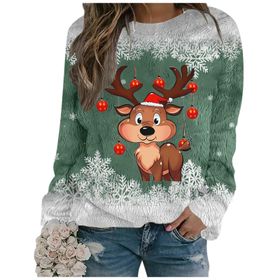 Generisch Noel Baskılı Yuvarlak Yaka Uzun Kol Şık 2-Yeşil Kadın Sweatshirt