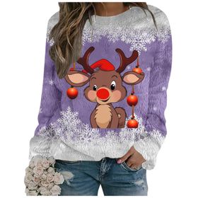 Generisch Noel Baskılı Yuvarlak Yaka Uzun Kol Şık 3-Lila Kadın Sweatshirt