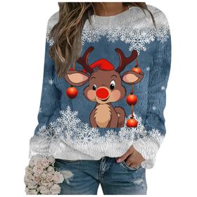 Generisch Noel Baskılı Yuvarlak Yaka Uzun Kol Şık 3-Mavi Kadın Sweatshirt