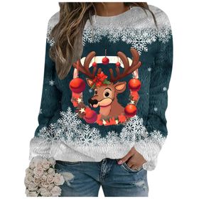 Generisch Noel Baskılı Yuvarlak Yaka Uzun Kol Şık 4-Koyu Yeşil Kadın Sweatshirt