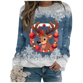 Generisch Noel Baskılı Yuvarlak Yaka Uzun Kol Şık 4-Mavi Kadın Sweatshirt