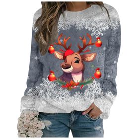 Generisch Noel Baskılı Yuvarlak Yaka Uzun Kol Şık 5-Gri Kadın Sweatshirt