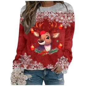 Generisch Noel Baskılı Yuvarlak Yaka Uzun Kol Şık 5-Kırmızı Kadın Sweatshirt