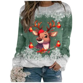 Generisch Noel Baskılı Yuvarlak Yaka Uzun Kol Şık 5-Yeşil Kadın Sweatshirt