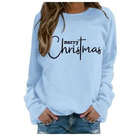 Generisch Noel Baskılı Yuvarlak Yaka Uzun Kol Şık Açık Mavi-1 Kadın Sweatshirt