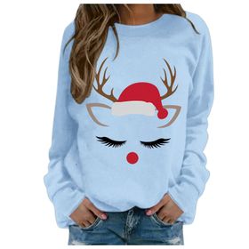 Generisch Noel Baskılı Yuvarlak Yaka Uzun Kol Şık Açık Mavi-2 Kadın Sweatshirt