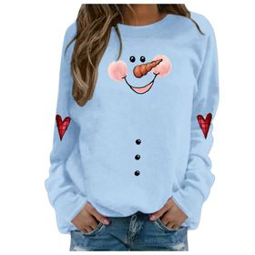 Generisch Noel Baskılı Yuvarlak Yaka Uzun Kol Şık Açık Mavi-3 Kadın Sweatshirt