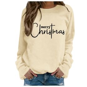 Generisch Noel Baskılı Yuvarlak Yaka Uzun Kol Şık Bej-1 Kadın Sweatshirt