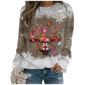 Generisch Noel Baskılı Yuvarlak Yaka Uzun Kol Şık Gündelik 1-Altın Kadın Sweatshirt