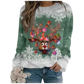 Generisch Noel Baskılı Yuvarlak Yaka Uzun Kol Şık Gündelik 1-Yeşil Kadın Sweatshirt
