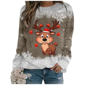 Generisch Noel Baskılı Yuvarlak Yaka Uzun Kol Şık Gündelik 2-Altın Kadın Sweatshirt