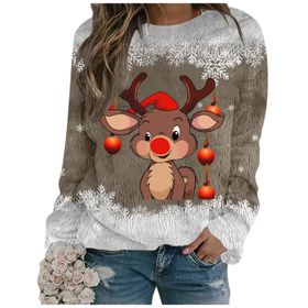 Generisch Noel Baskılı Yuvarlak Yaka Uzun Kol Şık Gündelik 3-Altın Kadın Sweatshirt