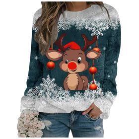 Generisch Noel Baskılı Yuvarlak Yaka Uzun Kol Şık Gündelik 3-Koyu Yeşil Kadın Sweatshirt