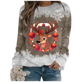 Generisch Noel Baskılı Yuvarlak Yaka Uzun Kol Şık Gündelik 4-Altın Kadın Sweatshirt