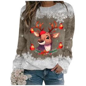 Generisch Noel Baskılı Yuvarlak Yaka Uzun Kol Şık Gündelik 5-Altın Kadın Sweatshirt