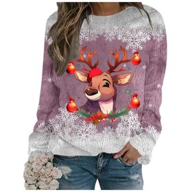 Generisch Noel Baskılı Yuvarlak Yaka Uzun Kol Şık Gündelik 5-Pembe Kadın Sweatshirt