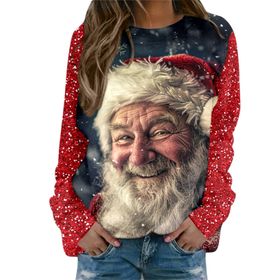 Generisch Noel Baskılı Yuvarlak Yaka Uzun Kol Şık Gündelik Pembe-G Kadın Sweatshirt