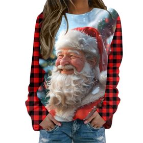 Generisch Noel Baskılı Yuvarlak Yaka Uzun Kol Şık Gündelik Pembe Kadın Sweatshirt