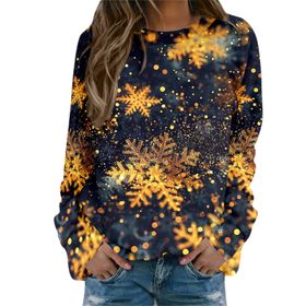 Generisch Noel Baskılı Yuvarlak Yaka Uzun Kol Şık Gündelik Pembe Kadın Sweatshirt