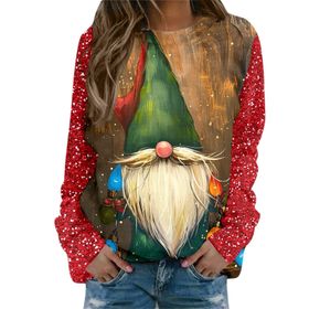 Generisch Noel Baskılı Yuvarlak Yaka Uzun Kol Şık Gündelik Pembe Kadın Sweatshirt