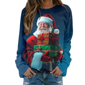 Generisch Noel Baskılı Yuvarlak Yaka Uzun Kol Şık Gündelik Pembe Kadın Sweatshirt