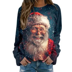 Generisch Noel Baskılı Yuvarlak Yaka Uzun Kol Şık Gündelik Pembe-Q Kadın Sweatshirt