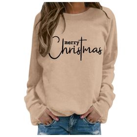Generisch Noel Baskılı Yuvarlak Yaka Uzun Kol Şık Haki-1 Kadın Sweatshirt