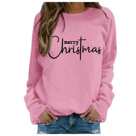 Generisch Noel Baskılı Yuvarlak Yaka Uzun Kol Şık Pembe-1 Kadın Sweatshirt