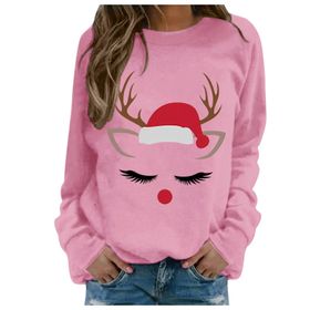 Generisch Noel Baskılı Yuvarlak Yaka Uzun Kol Şık Pembe-2 Kadın Sweatshirt