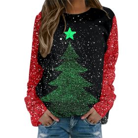 Generisch Noel Baskılı Yuvarlak Yaka Uzun Kol Şık Pembe-A Kadın Sweatshirt
