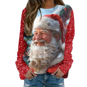 Generisch Noel Baskılı Yuvarlak Yaka Uzun Kol Şık Pembe-B Kadın Sweatshirt