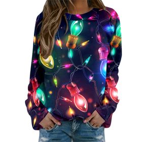 Generisch Noel Baskılı Yuvarlak Yaka Uzun Kol Şık Pembe-C Kadın Sweatshirt