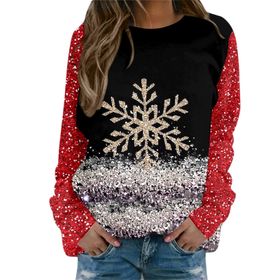 Generisch Noel Baskılı Yuvarlak Yaka Uzun Kol Şık Pembe-H Kadın Sweatshirt