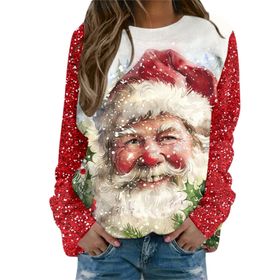 Generisch Noel Baskılı Yuvarlak Yaka Uzun Kol Şık Pembe Kadın Sweatshirt