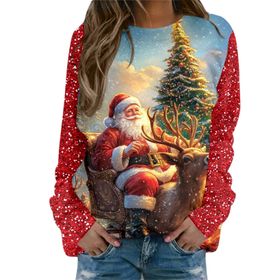 Generisch Noel Baskılı Yuvarlak Yaka Uzun Kol Şık Pembe Kadın Sweatshirt