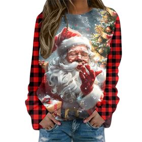 Generisch Noel Baskılı Yuvarlak Yaka Uzun Kol Şık Pembe-Y Kadın Sweatshirt