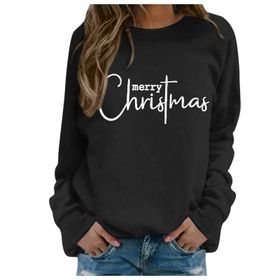 Generisch Noel Baskılı Yuvarlak Yaka Uzun Kol Şık Siyah-1 Kadın Sweatshirt