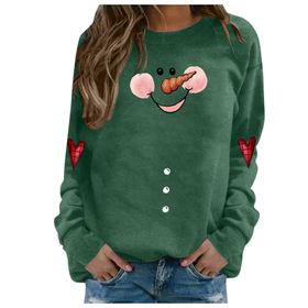 Generisch Noel Baskılı Yuvarlak Yaka Uzun Kol Şık Yeşil-3 Kadın Sweatshirt