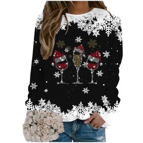 Generisch Noel Baskılı Yuvarlak Yaka Uzun Kol Siyah Schwarz-B Kadın Sweatshirt