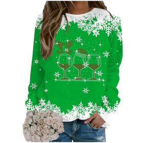 Generisch Noel Baskılı Yuvarlak Yaka Uzun Kol Yeşil-C Kadın Sweatshirt