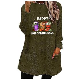 Generisch Noel Baskılı Yuvarlak Yaka Uzun Kollu A-Yeşil Kadın Sweatshirt