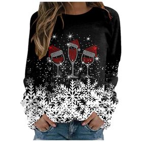 Generisch Noel Baskılı Yuvarlak Yaka Uzun Kollu B-Siyah Kadın Sweatshirt