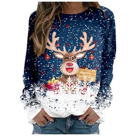 Generisch Noel Baskılı Yuvarlak Yaka Uzun Kollu D-Mavi Kadın Sweatshirt