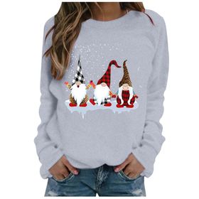Generisch Noel Baskılı Yuvarlak Yaka Uzun Kollu Şık Açık Gri-A Kadın Sweatshirt