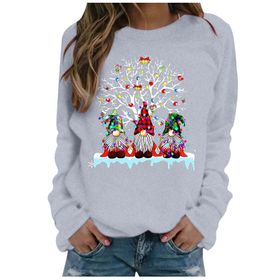 Generisch Noel Baskılı Yuvarlak Yaka Uzun Kollu Şık Açık Gri-B Kadın Sweatshirt